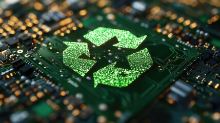green recycle sign on circuit board technology innovations
