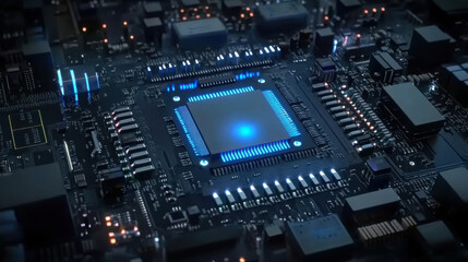 Glowing computer chip and CPU motherboard technology circuit board