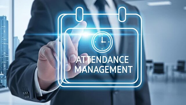 Businessman interacts with the virtual attendance management concept.