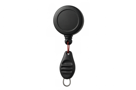 Retractable black plastic badge holder reel for id access card and security pass, keyring attached, transparent background