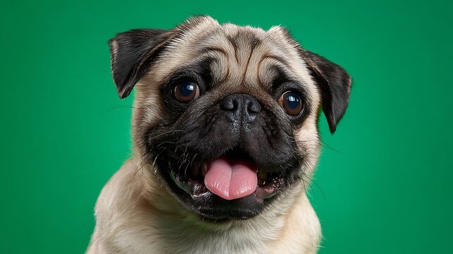 Close up of a fawn pug with its tongue out against a bright green background in a studio setting