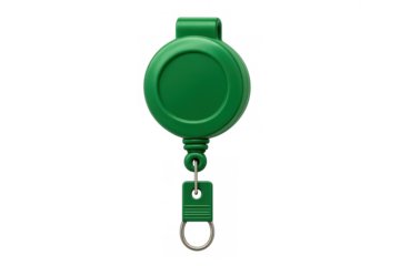 Green retractable badge reel providing convenient access for id cards and keys, on transparent background
