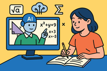 Student learning math with ai tutor on computer screen and studying in notebook