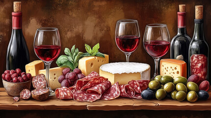Italian antipasti wine snacks set. Cheese variety, Mediterranean olives, crudo, Prosciutto di Parma, salami and wine in glasses over wooden grunge background