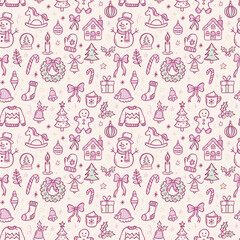 Obraz premium Seamless Christmas pattern with cute hand-drawn doodles. Vintage coquette holiday design with bows, trees, gifts, snowflakes, and festive icons. Perfect for wrapping paper, fabric, and holiday decor. 