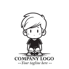 Black and White Chibi Boy Illustration with Jacket and Boots in Bold Thick Line Art Minimal Style
