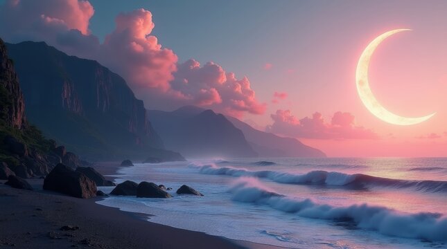 Dreamy crescent moon over a misty ocean coastline at sunset