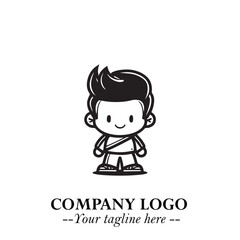 Black and White Chibi Boy Illustration with Jacket and Boots in Bold Thick Line Art Minimal Style