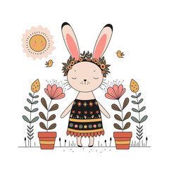 A charming bunny in a dress and a wreath of flowers stands among plants and a smiling sun.
