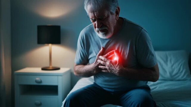 Elderly man experiencing chest pain while sitting in bed