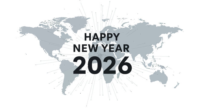 Celebrate the New Year 2026 with a modern world map illustration, perfect for global greetings and festive announcements for a hopeful new year