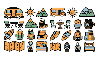 Obraz premium Van life and outdoor adventure icon set