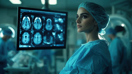 Team of medical doctors performs surgical operation in modern operating room using high-tech technology