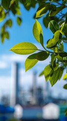 Green leaves with blue sky and blurred industrial plant in the background