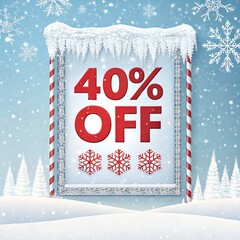 Winter Big Sale Poster with 40% OFF Text, Bold Red and White Typography and Glitter Ice Border Isolated on White Background,Festive Winter Discount Banner with Falling Snowflakes and Sparkling Frozen 
