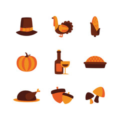 Flat Thanksgiving icon set featuring pilgrim hat, turkey, pumpkin, pie, wine, corn, acorns, and mushrooms isolated on white perfect for seasonal banners, greeting cards, and festive designs.