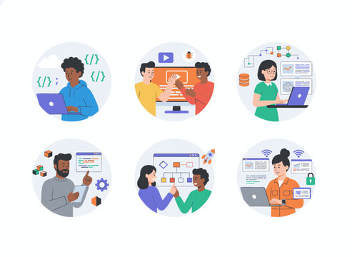 Illustration of a group of software developers coding web applications on computers, featuring scripting in PHP, Python, JavaScript, and other languages, rendered as a flat vector cartoon