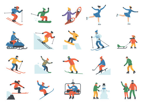 Cartoon illustrations of male and female adults and children in winter gear snowboarding and skiing on mountains, rendered in flat vector style - Powered by Adobe