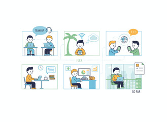 Concept of team communication and project management, emphasizing employee cooperation and interaction at work, workflow and job organization in a modern company, depicted as a flat vector