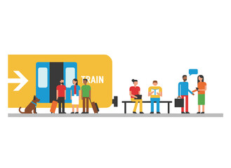 Obraz premium Illustration of diverse cartoon characters using public transport, depicting a crowd of passengers inside a city bus, featuring a colored man and woman on a train
