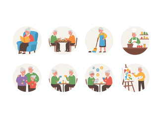 Illustrations of elderly individuals at home, depicting daily life, leisure, household tasks, and hobbies, featuring cheerful modern seniors indoors, rendered as flat vector art on a white background