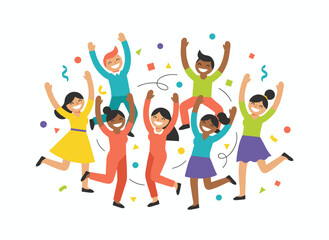 A diverse group of joyful people hugging, celebrating friendship day and unity, congratulating multiracial students or friends, depicted as a flat vector cartoon illustration on a white background