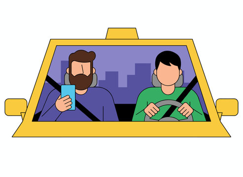 A flat cartoon vector illustration shows a taxi driver and a bearded passenger in the front seat surfing the internet on a smartphone, visible through the windshield as they use an automobile service
