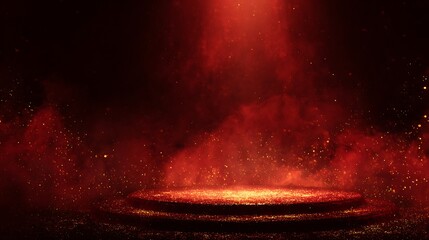 Glowing circular stage bathed in red light with sparkling bokeh particles abound
