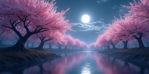 Obraz premium Magical cherry blossom trees line a serene river under a glowing moon