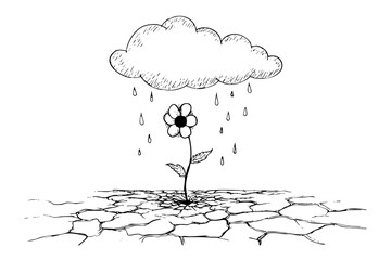 Lone flower thriving in arid cracked land with a cloud bringing rain; symbol of hope and persistence hand drawn sketch; environmental theme art.