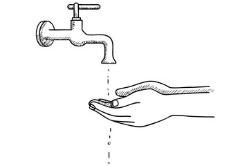 Doodle drawing of water tap with water flowing over hands, line art illustration of water washing clean hygiene