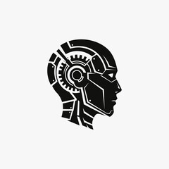 Monochrome Robot Head Profile with Gears and Mechanical Details.