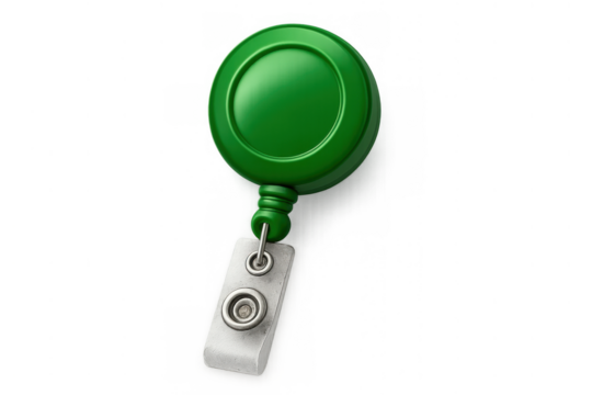 Green retractable badge reel for employee id card or key security, pulling out for easy access on a transparent background