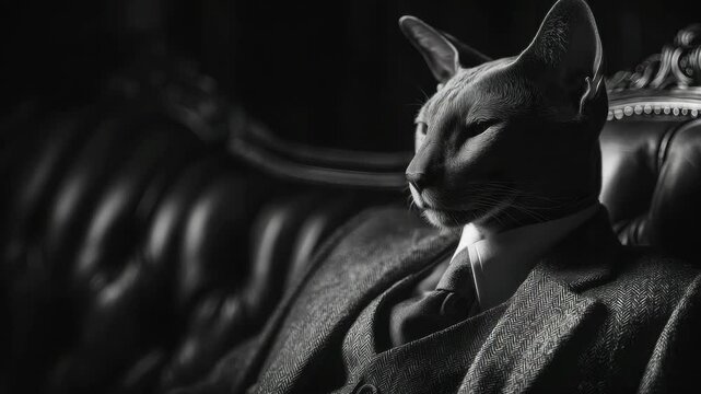 Cat in a suit poses elegantly on a vintage sofa showing class and charm at a stylish setting