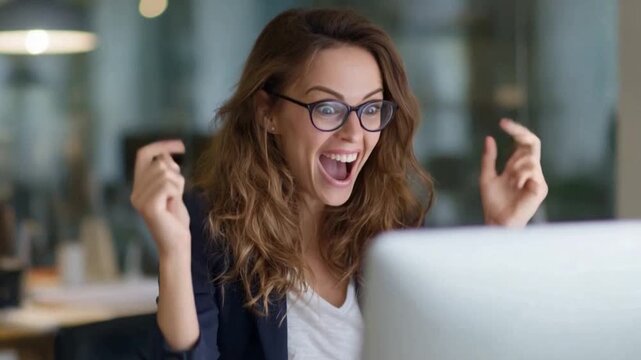 Exhilarated Digital Success: A businesswoman, illuminated by the glow of her computer screen, reacts with sheer delight to positive outcomes. Capturing the thrill of technological advancement.