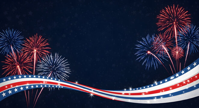 Vibrant red white and blue fireworks display illuminating a dark night sky - Powered by Adobe
