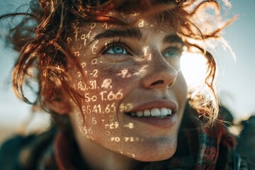 Celebrating life's simple joys with golden sunlit smiles. Stock market. A woman's joyful stance in a sun-drenched field. Business metrics. Analytics dashboard.