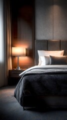 Modern bedroom interior with soft lighting, luxurious bed linens, and elegant furnishings detail