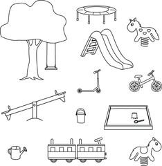 Hand drawn illustration set of park playground equipment. Vector outline illustrations. For icons, stickers, kids magazines.
