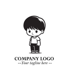 Black and White Chibi Boy Illustration with Jacket and Boots in Bold Thick Line Art Minimal Style