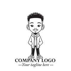 Black and White Chibi Boy Illustration with Jacket and Boots in Bold Thick Line Art Minimal Style