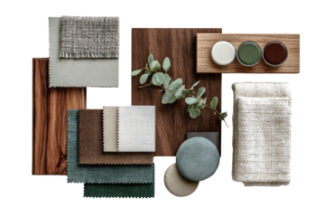 A curated collection of fabrics, wood tones, and natural elements, presented in an organized, flat-lay style.  Various shades of  greens, browns, and creams are displayed.  