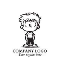 Black and White Chibi Boy Illustration with Jacket and Boots in Bold Thick Line Art Minimal Style