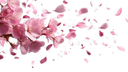 Pink cherry blossoms on branch and falling petals against a bright white background