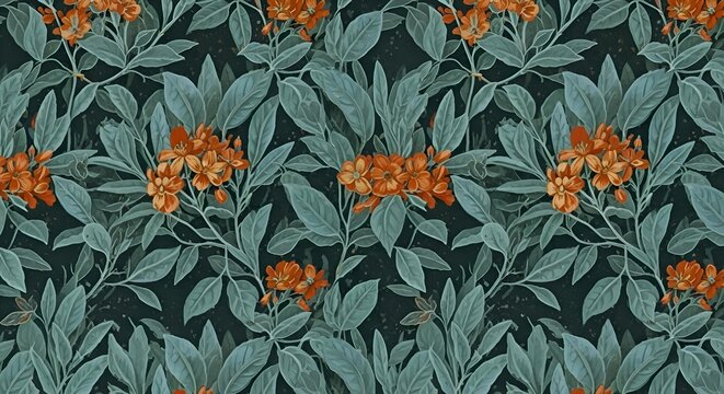 Fototapeta Elegant Seamless Botanical Pattern with Orange Flowers and Green Foliage on Dark Background