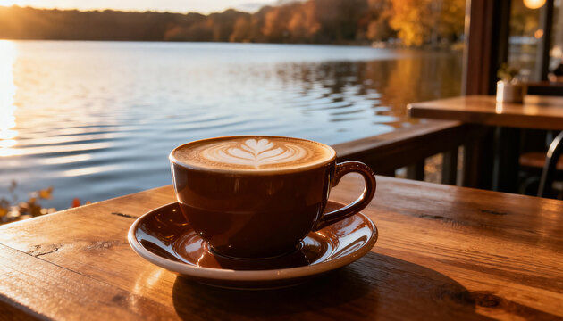 Cup of latte with heart-shaped foam art on a wooden table overlooking a calm autumn lake, symbolizing serenity, reflection, and the quiet beauty of simple pleasures enjoyed during a golden sunset.