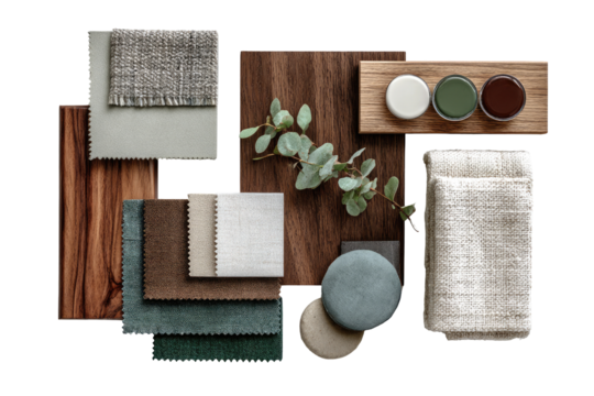 A curated collection of fabrics, wood tones, and natural elements, presented in an organized, flat-lay style.  Various shades of  greens, browns, and creams are displayed.  