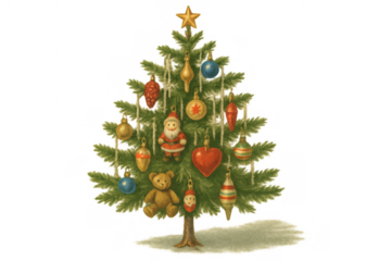 Festive christmas tree showcasing a collection of retro ornaments, including santa claus and a teddy bear, on a transparent background