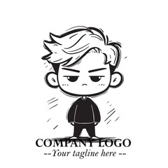 Black and White Chibi Boy Illustration with Jacket and Boots in Bold Thick Line Art Minimal Style