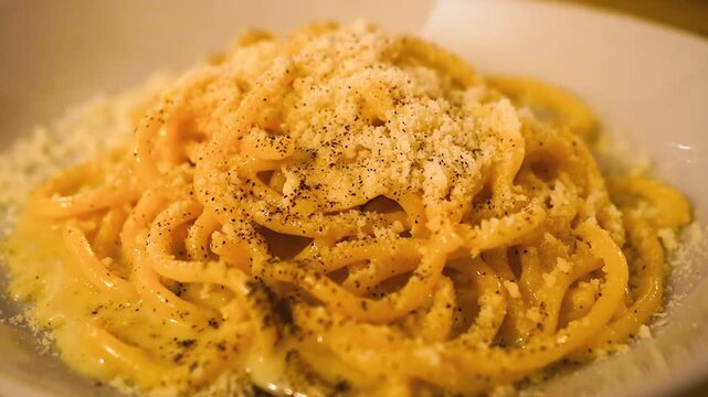 Zoom in on cacio e pepe,  classic Roman pasta